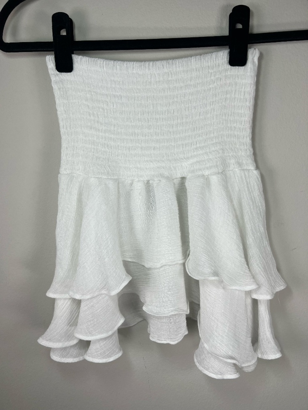 Shein White Smocked Tiered Ruffle Mini Skirt High Waisted Boho Festival Gauzy Sm
